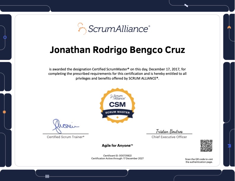 Preview of Jonathan Cruz's Certified ScrumMaster certificate.
