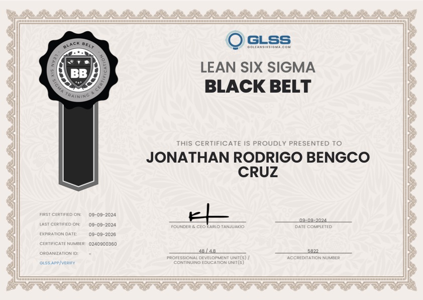 Preview of Jonathan Cruz's Lean Six Sigma Black Belt certificate.