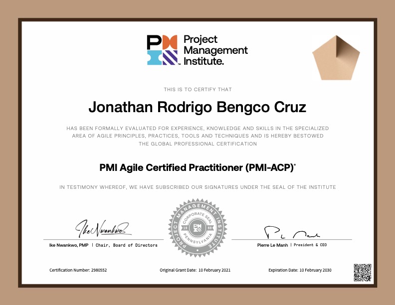 Preview of Jonathan Cruz's PMI Agile Certified Practitioner certificate.