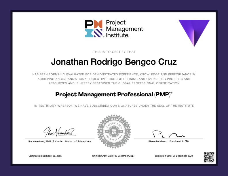 Preview of Jonathan Cruz's Project Management Professional certificate.