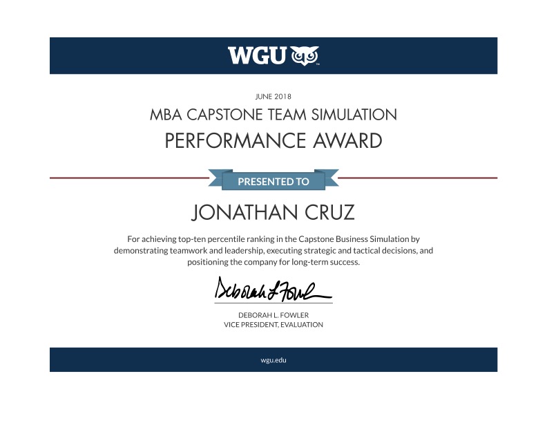 Preview of Jonathan Cruz's WGU MBA Capstone Team Simulation Performance Award.